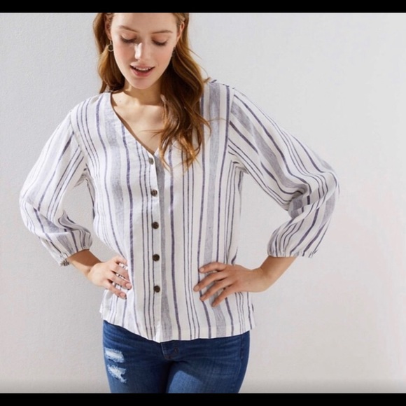 Sold- Loft button down blue white stripe linen top - Picture 9 of 9